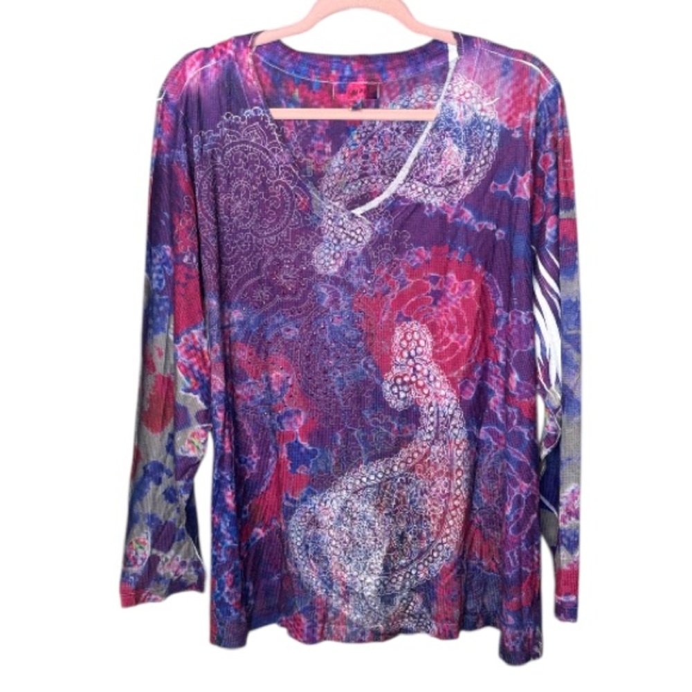 Fashion Bug - Paisley Tie Dye Purple and Pink Top w/ Rhinestones - Size 2X